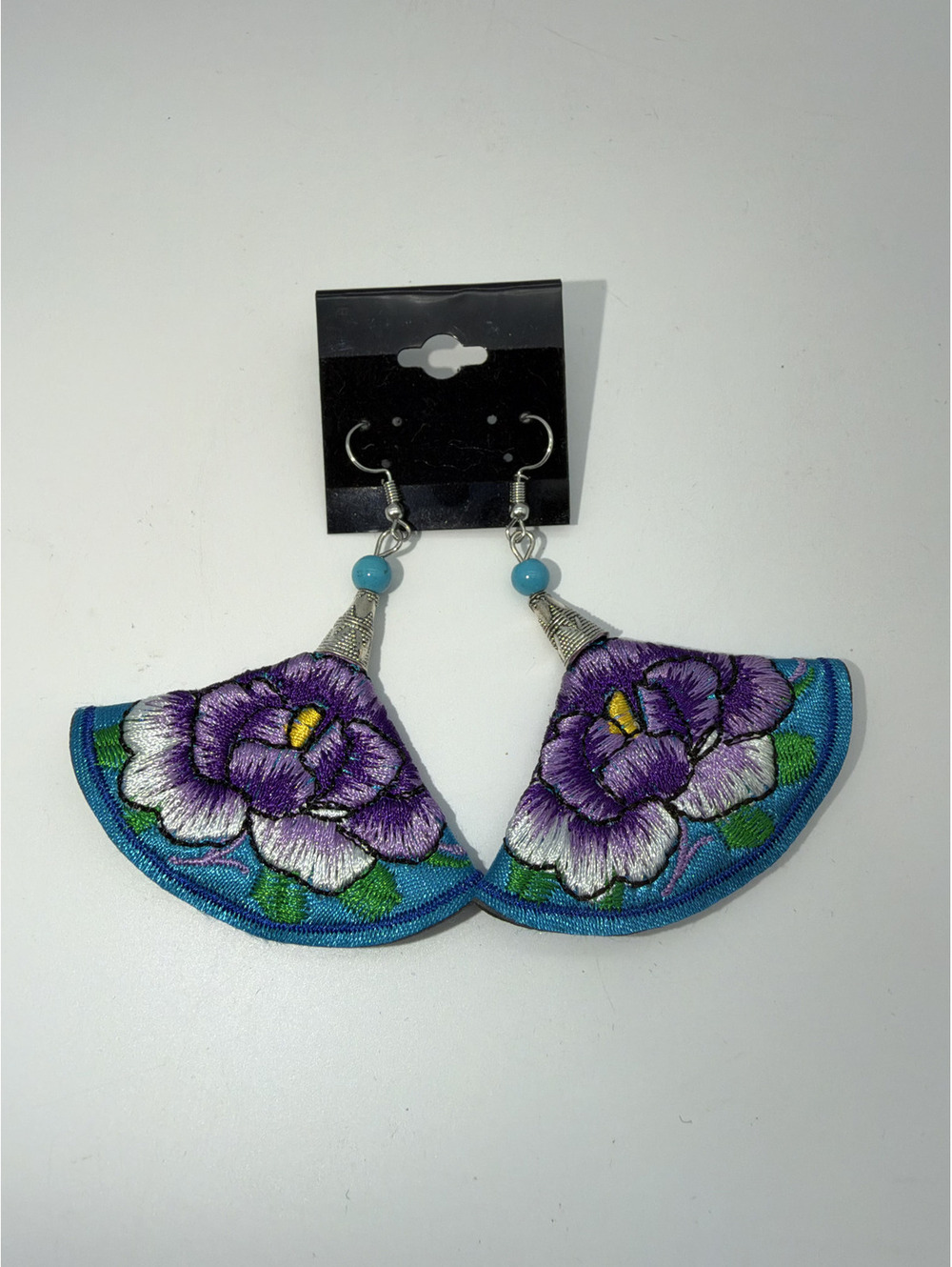 Embroidered Purple Flower Fan Dangle Earrings
